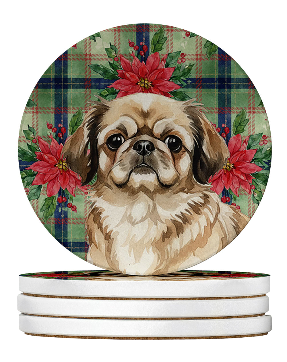 Sable Pekingese Christmas PoinsettIas Large Sandstone Coasters Pack of 4 Absorbent Round Coasters Decor Gifts for Men or Women, 4 in, Multicolor