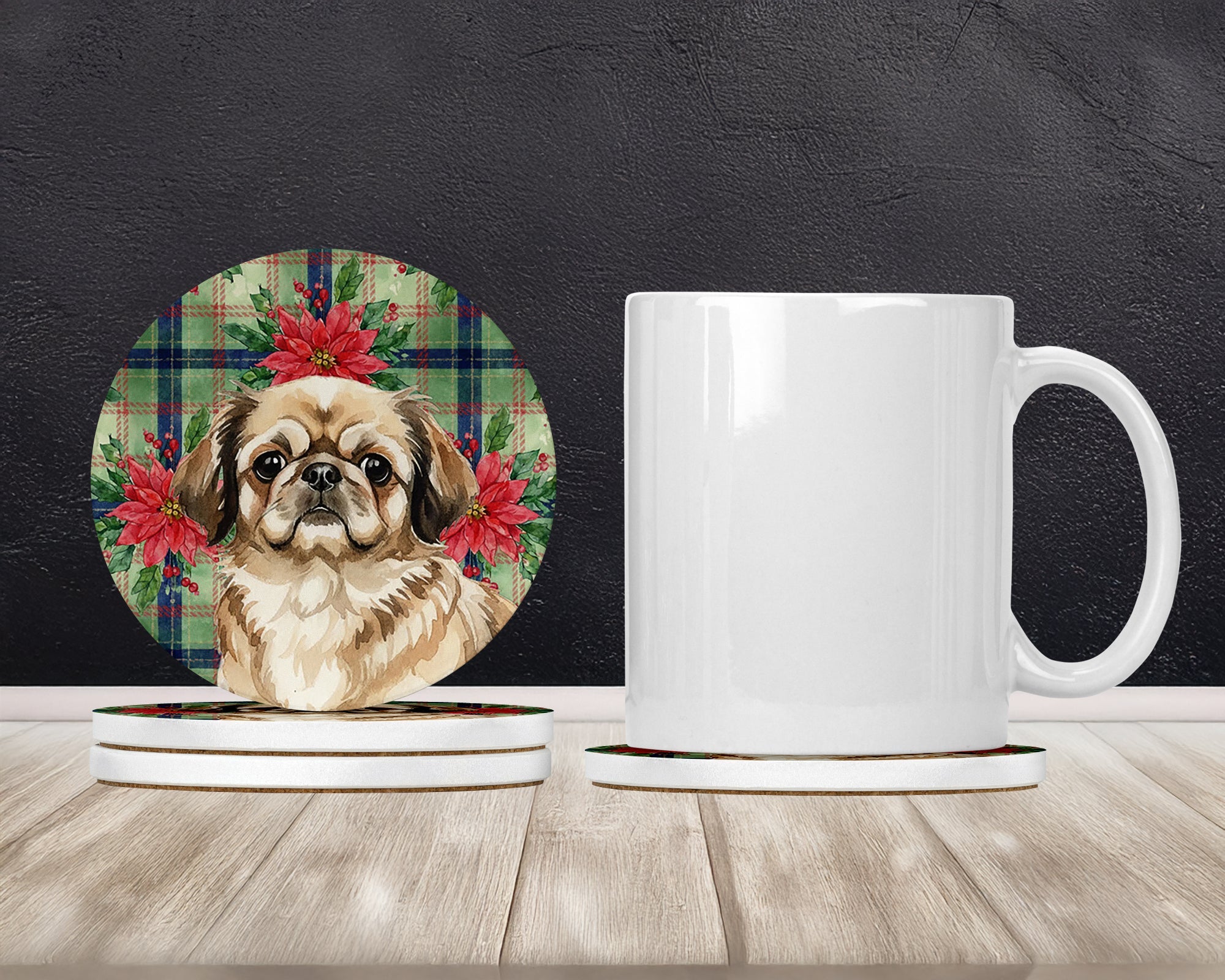 Sable Pekingese Christmas PoinsettIas Large Sandstone Coasters Pack of 4 Absorbent Round Coasters Decor Gifts for Men or Women, 4 in, Multicolor