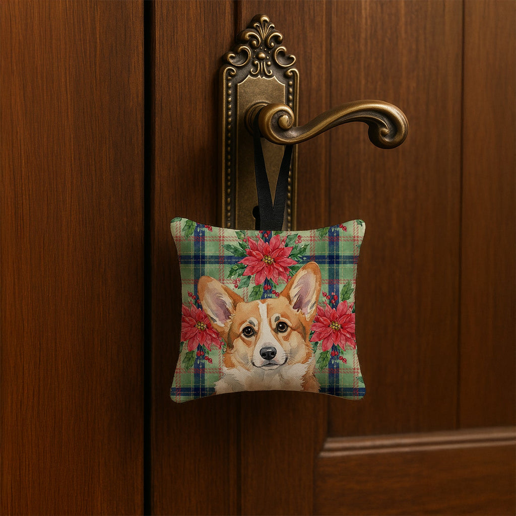 Corgi Christmas PoinsettIas Hanging Square Fabric Ornament 3.5 � 3.5 Decorative Door-Knob & Tree Hanger, Soft Fabric