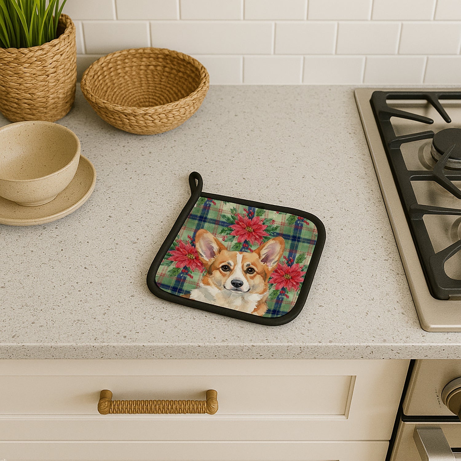 Corgi Christmas PoinsettIas Pot Holder Set of 2 Heat Resistant Quilted Hot Pads 7.5 x 7.5 Inch, Insulated Kitchen Trivets for Cooking & Baking