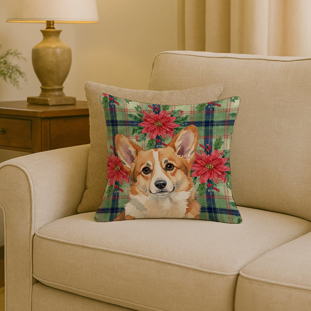 Corgi Christmas PoinsettIas Decorative Throw Pillow 18x18 Indoor Outdoor Accent Cushion, Fabric Cover with Insert for Sofa, Bed, Porch & Living Room