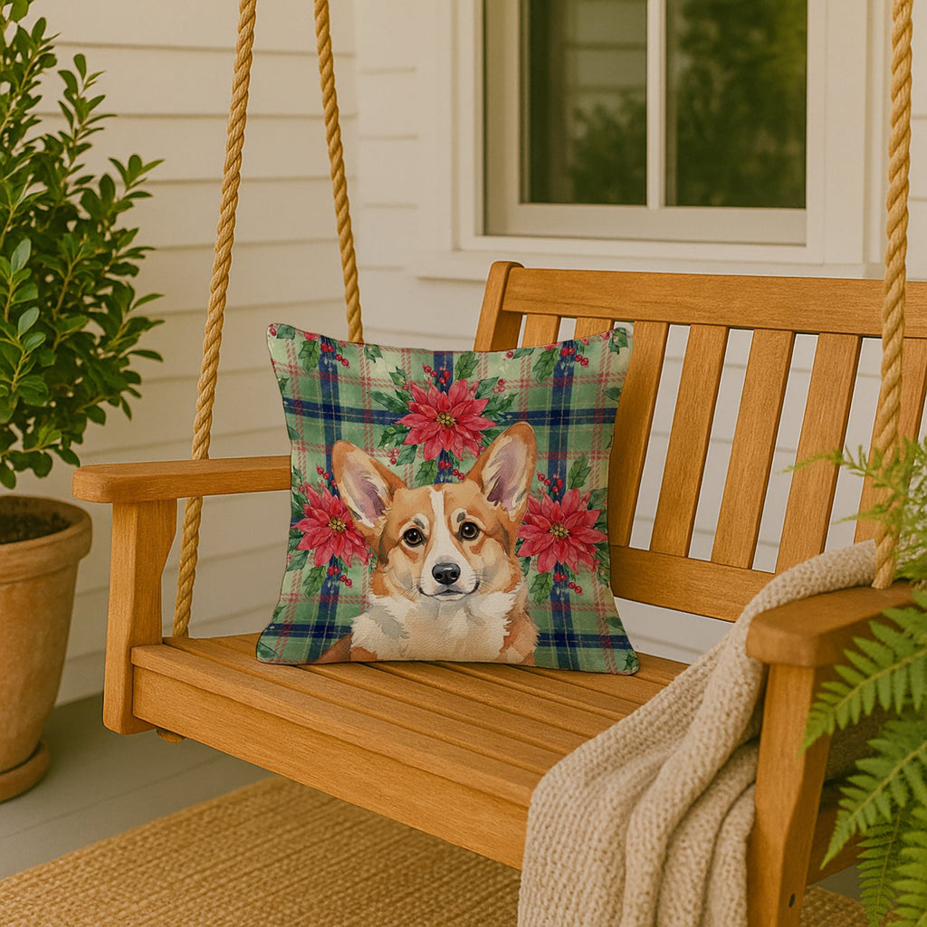 Corgi Christmas PoinsettIas Decorative Throw Pillow 18x18 Indoor Outdoor Accent Cushion, Fabric Cover with Insert for Sofa, Bed, Porch & Living Room