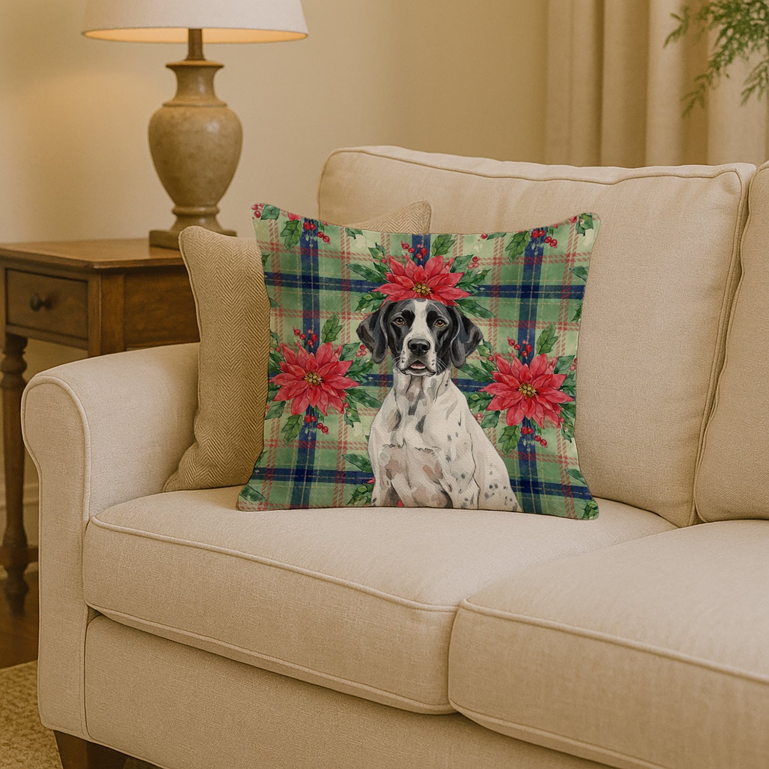 Black and White Pointer Christmas PoinsettIas Decorative Throw Pillow 14x14 Indoor Outdoor Accent Cushion, Fabric Cover with Insert for Sofa, Bed, Porch & Living Room