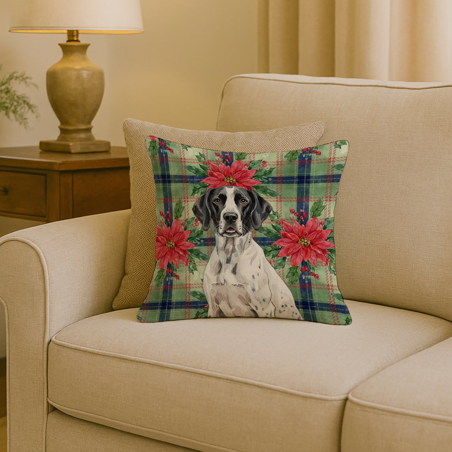 Black and White Pointer Christmas PoinsettIas Decorative Throw Pillow 18x18 Indoor Outdoor Accent Cushion, Fabric Cover with Insert for Sofa, Bed, Porch & Living Room