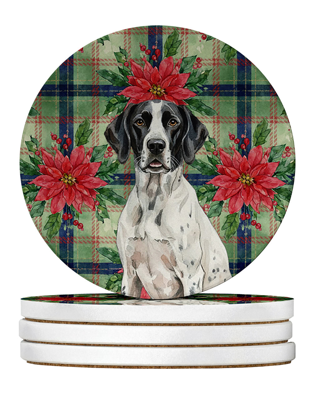 Black and White Pointer Christmas PoinsettIas Large Sandstone Coasters Pack of 4 Absorbent Round Coasters Decor Gifts for Men or Women, 4 in, Multicolor