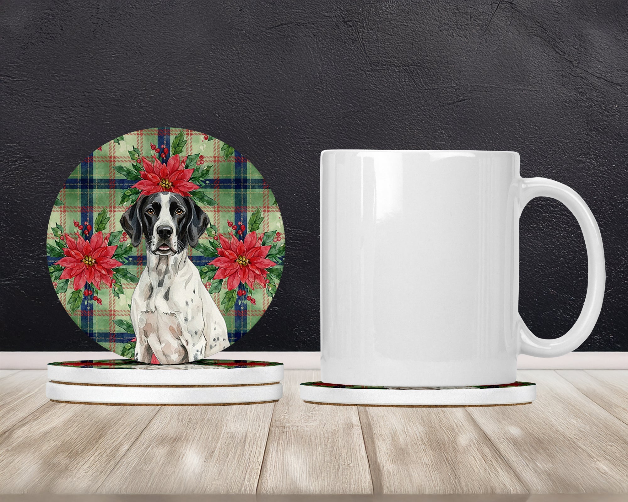 Black and White Pointer Christmas PoinsettIas Large Sandstone Coasters Pack of 4 Absorbent Round Coasters Decor Gifts for Men or Women, 4 in, Multicolor