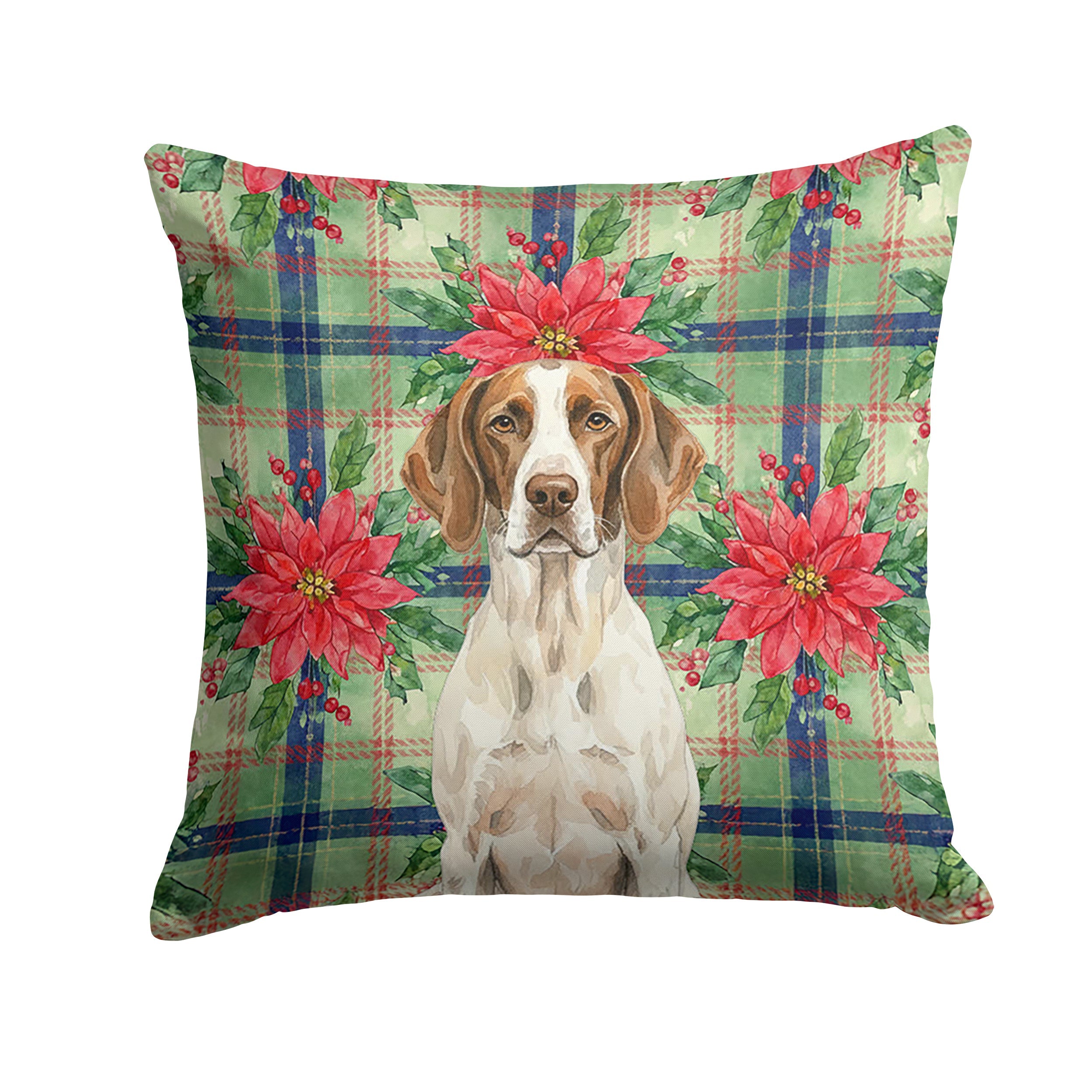 Liver and White Pointer Christmas PoinsettIas Decorative Throw Pillow 18x18 Indoor Outdoor Accent Cushion, Fabric Cover with Insert for Sofa, Bed, Porch & Living Room