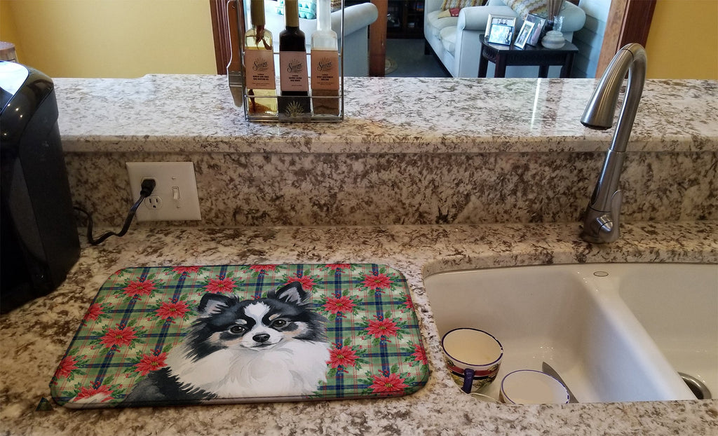 Black and White Pomeranian Christmas PoinsettIas Dish Drying Mat Absorbent Dish Drying Mat Pad for Kitchen Counter Dish Drainer Mat for Countertop, 14 x 21", Multicolor