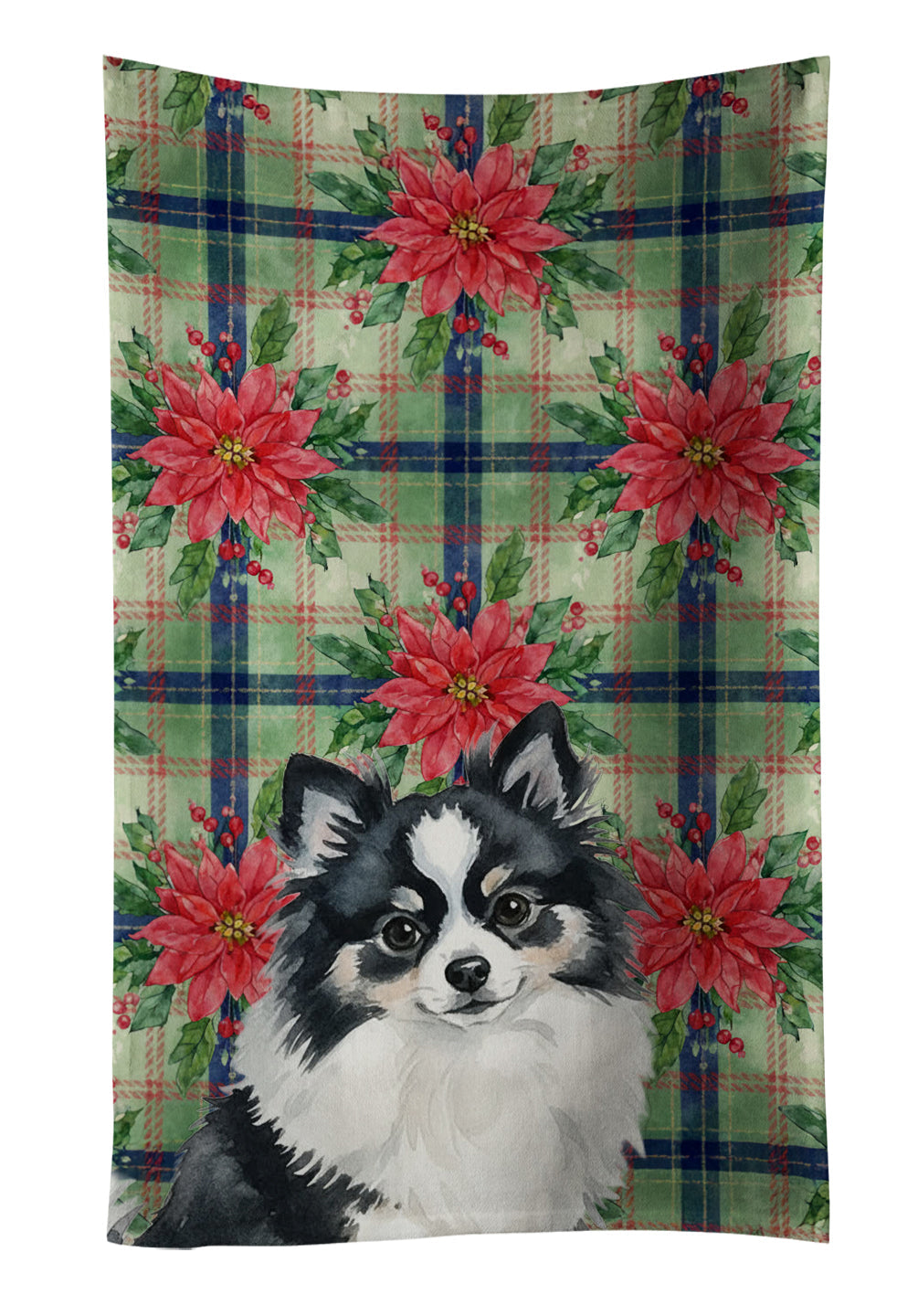 Black and White Pomeranian Christmas PoinsettIas Kitchen Towel Velour Plush Front and Cotton Loop Back Machine Washable