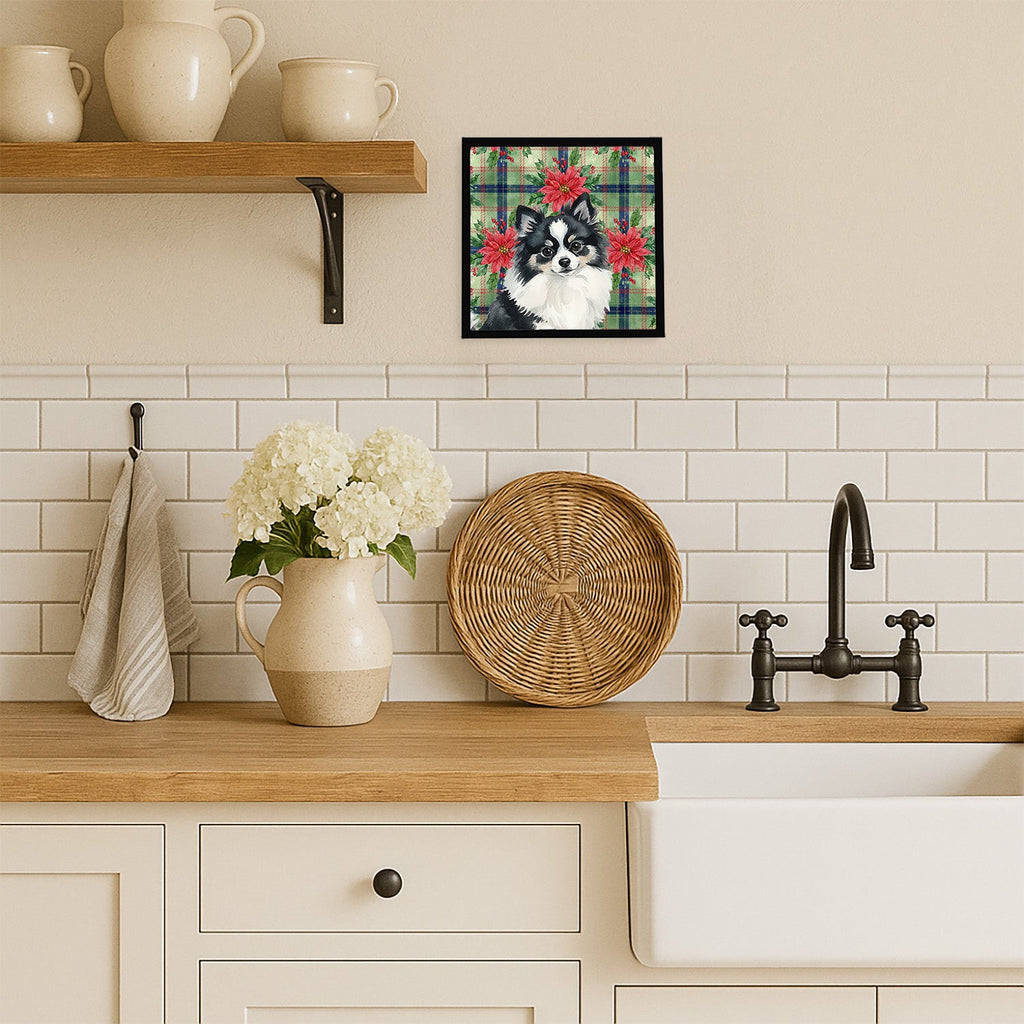 Black and White Pomeranian Christmas PoinsettIas Framed Metal Print Bathroom, Kitchen, Office, Home Decor Wall Art Ready to Hang, Square, 8X8
