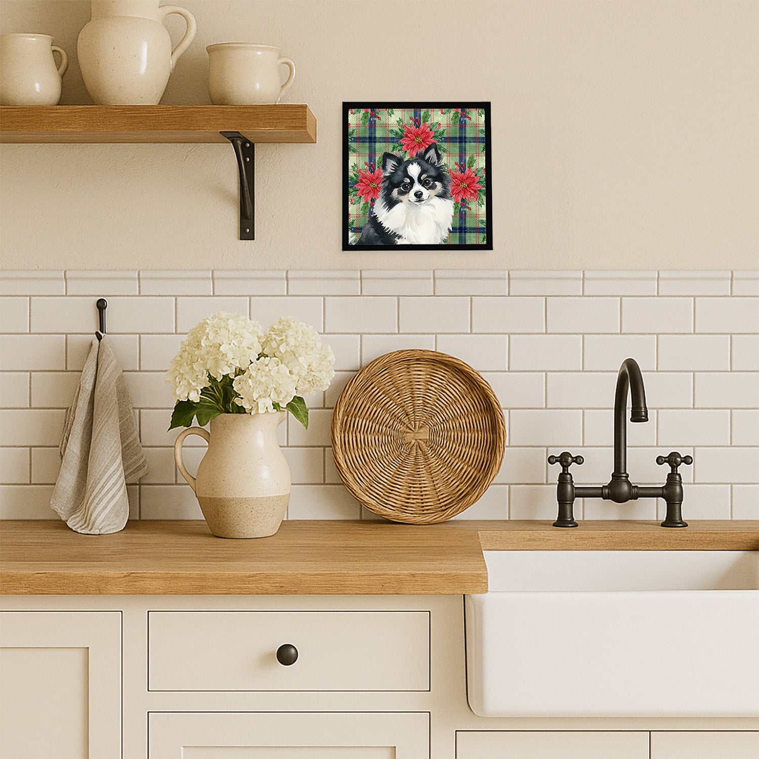 Black and White Pomeranian Christmas PoinsettIas Framed Metal Print Bathroom, Kitchen, Office, Home Decor Wall Art Ready to Hang, Square, 8X8