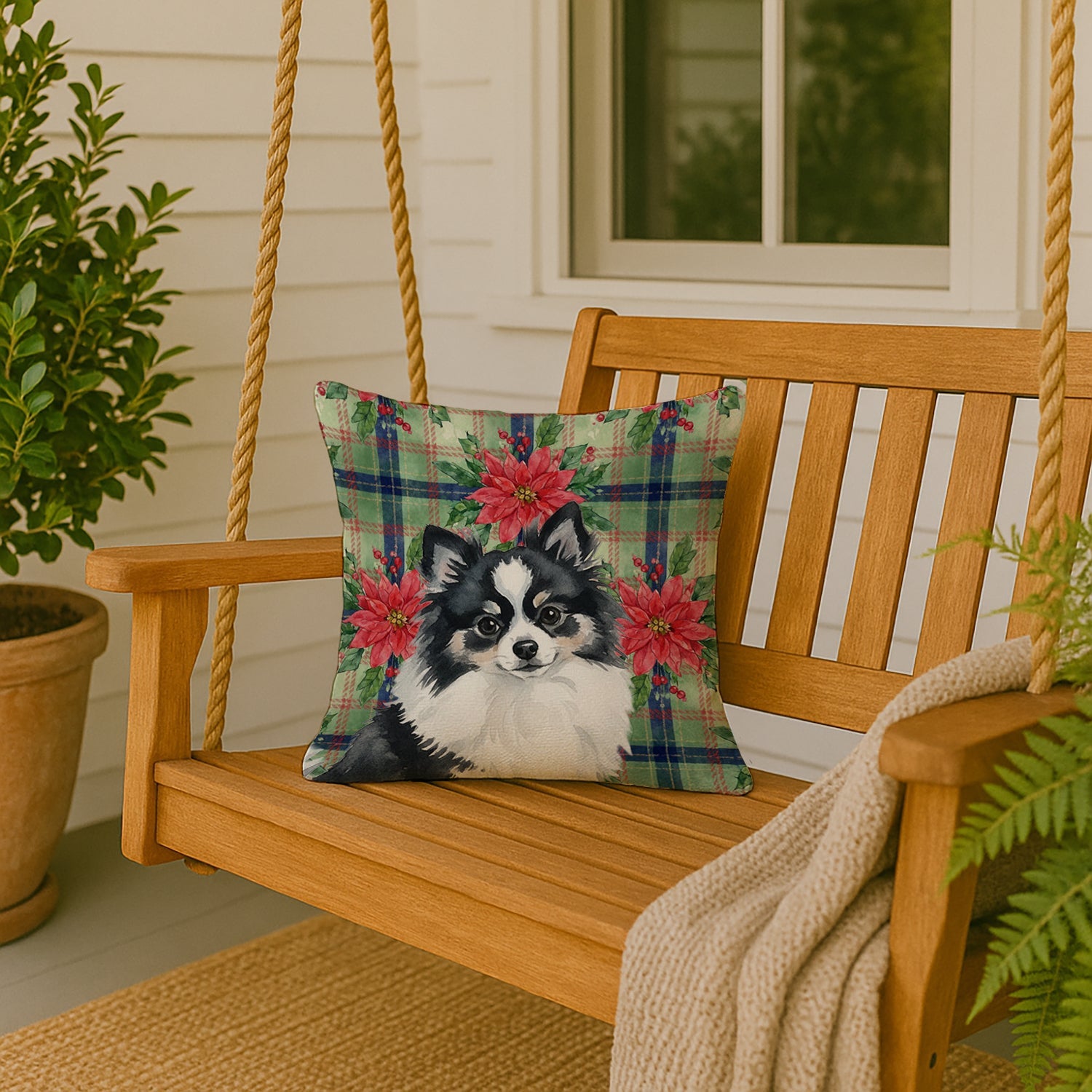 Black and White Pomeranian Christmas PoinsettIas Decorative Throw Pillow 18x18 Indoor Outdoor Accent Cushion, Fabric Cover with Insert for Sofa, Bed, Porch & Living Room
