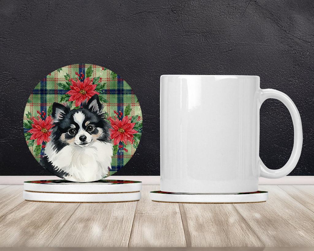 Black and White Pomeranian Christmas PoinsettIas Large Sandstone Coasters Pack of 4 Absorbent Round Coasters Decor Gifts for Men or Women, 4 in, Multicolor