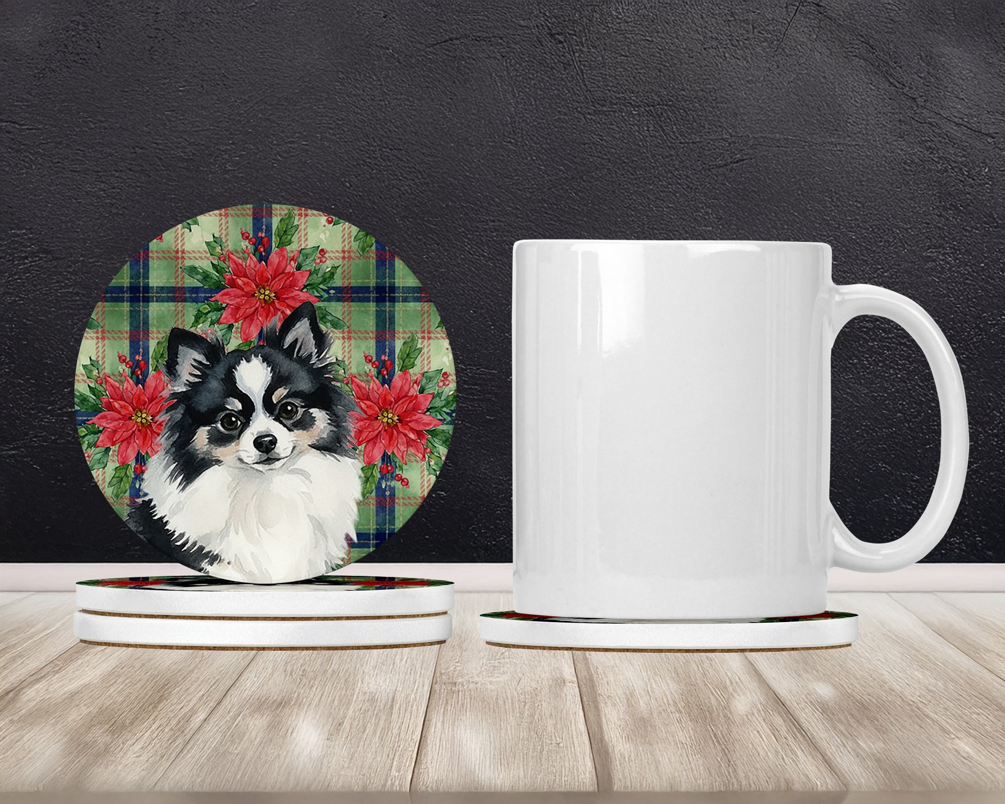 Black and White Pomeranian Christmas PoinsettIas Large Sandstone Coasters Pack of 4 Absorbent Round Coasters Decor Gifts for Men or Women, 4 in, Multicolor