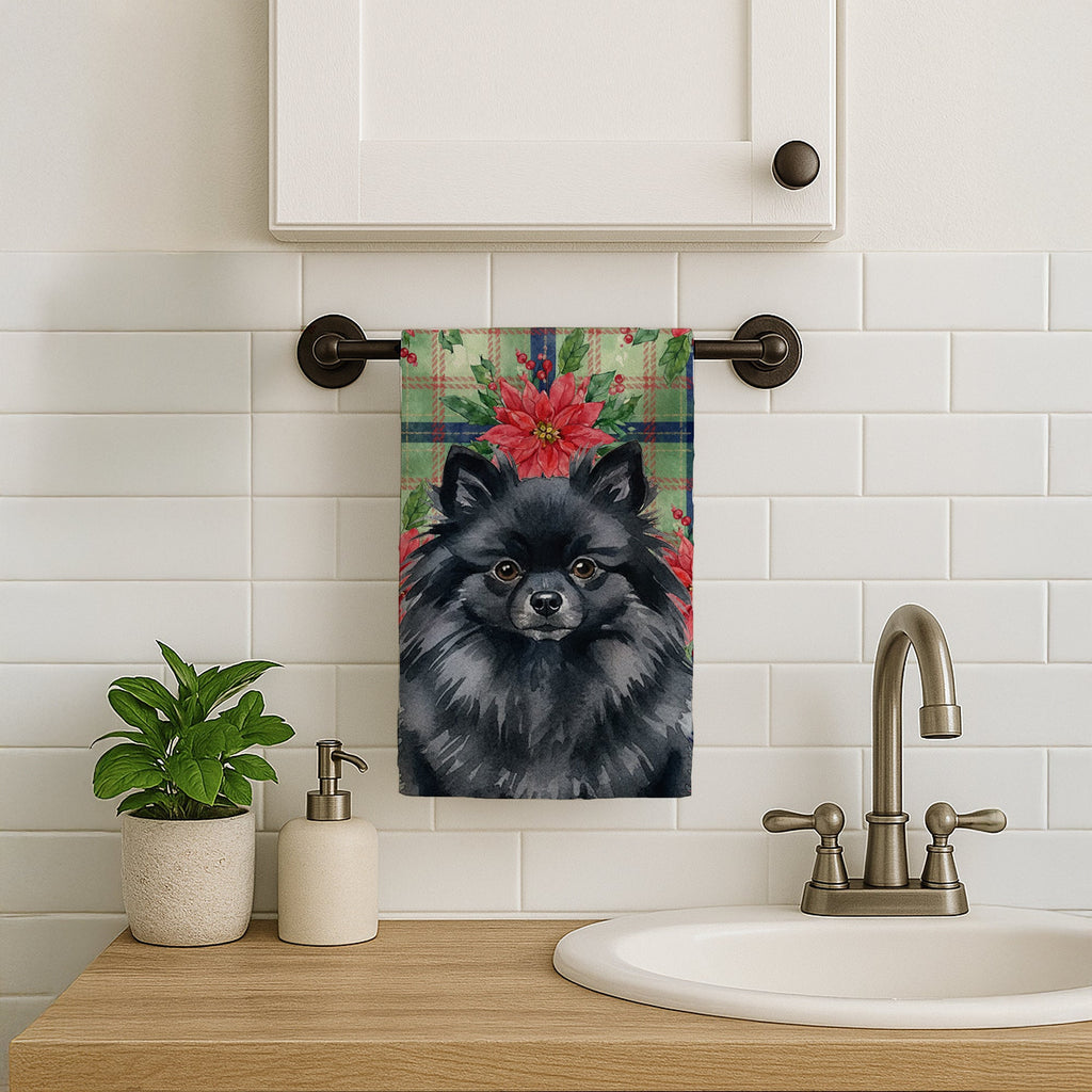 Black Pomeranian Christmas PoinsettIas Kitchen Towel Velour Plush Front and Cotton Loop Back Machine Washable