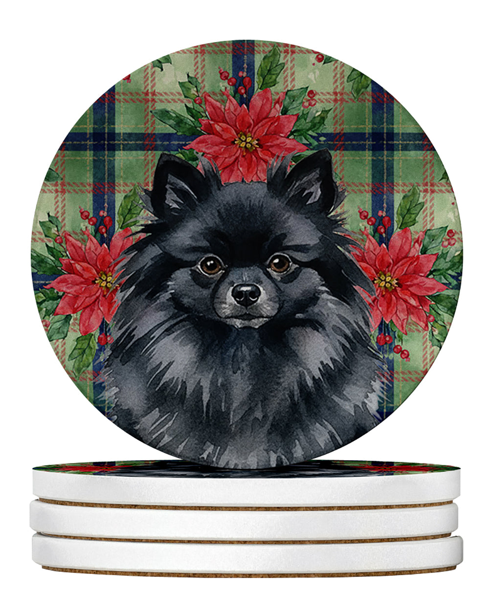 Black Pomeranian Christmas PoinsettIas Large Sandstone Coasters Pack of 4 Absorbent Round Coasters Decor Gifts for Men or Women, 4 in, Multicolor