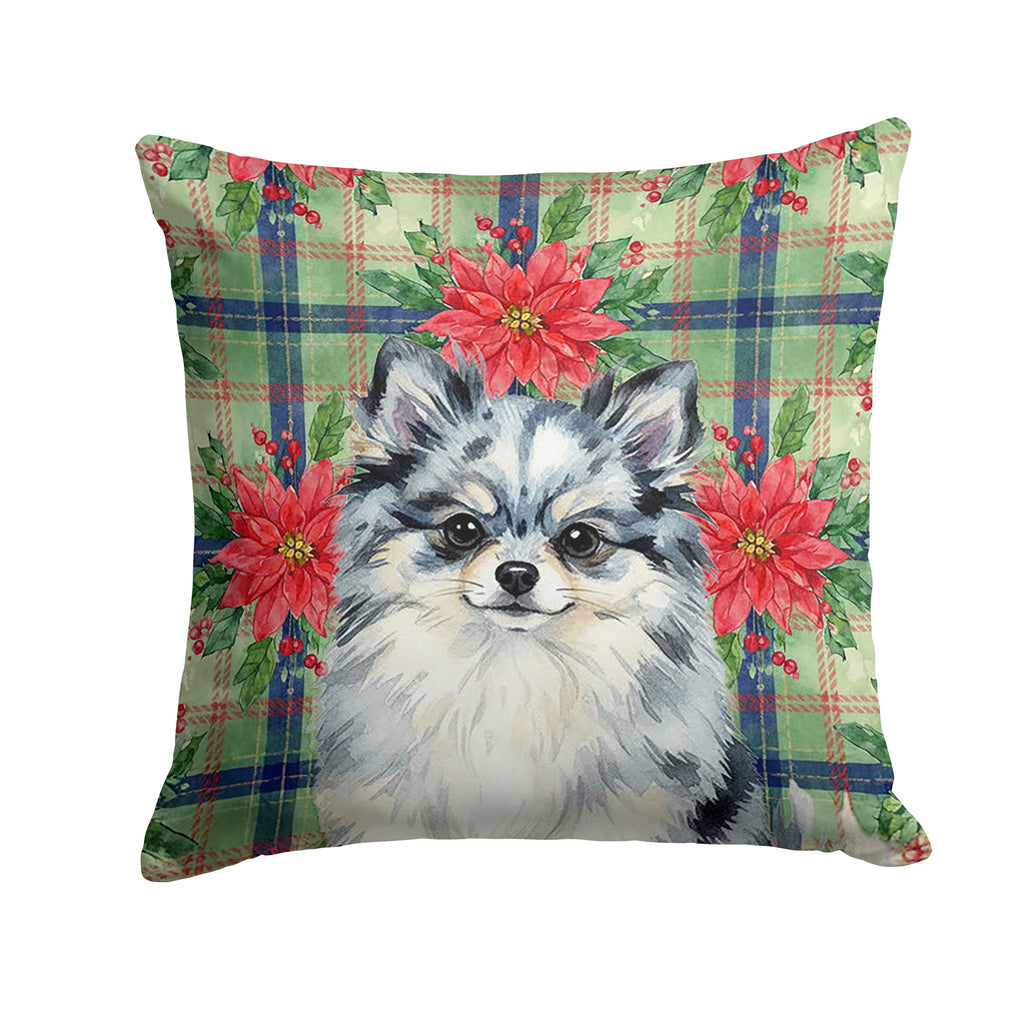 Blue Merle Pomeranian Christmas PoinsettIas Decorative Throw Pillow 14x14 Indoor Outdoor Accent Cushion, Fabric Cover with Insert for Sofa, Bed, Porch & Living Room