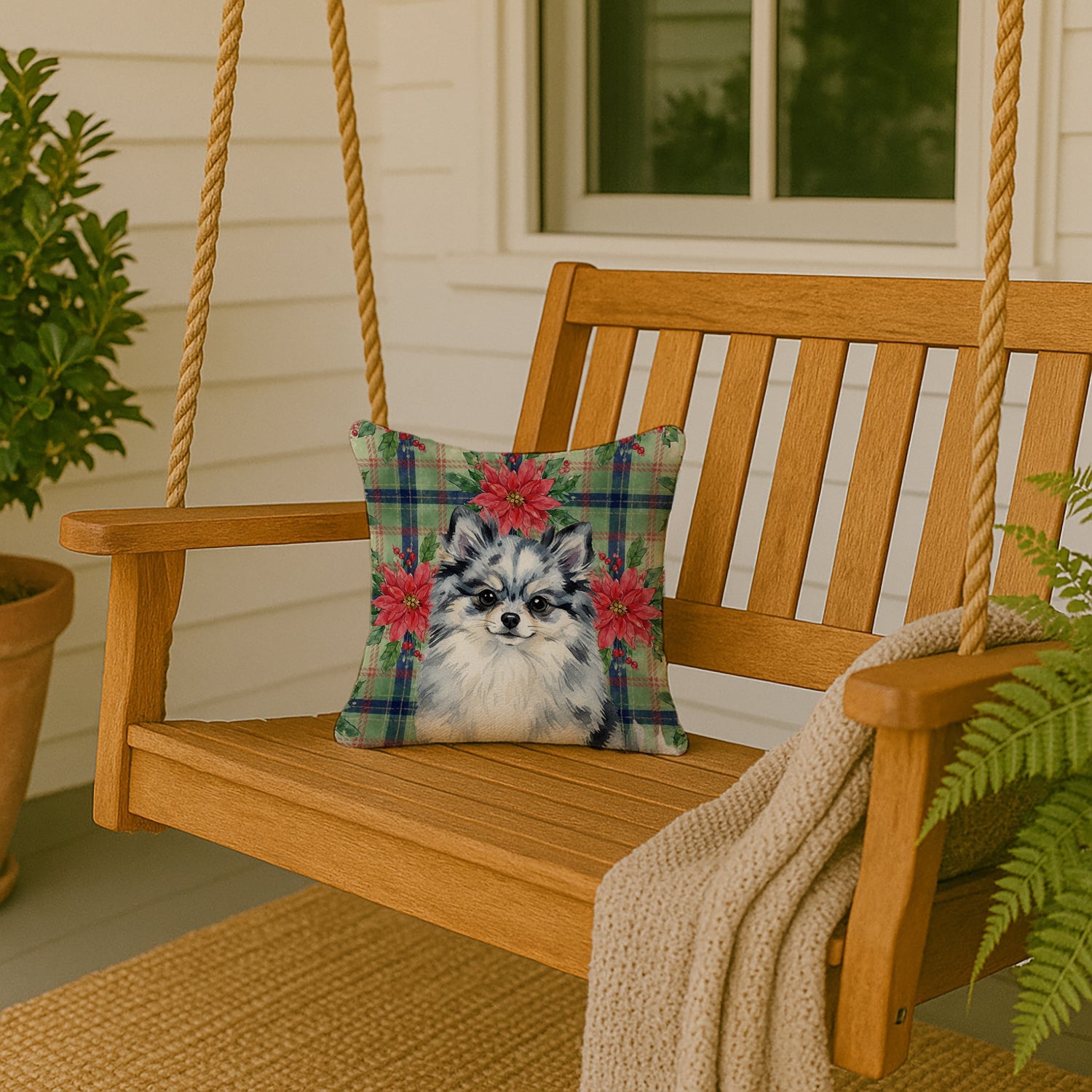 Blue Merle Pomeranian Christmas PoinsettIas Decorative Throw Pillow 14x14 Indoor Outdoor Accent Cushion, Fabric Cover with Insert for Sofa, Bed, Porch & Living Room