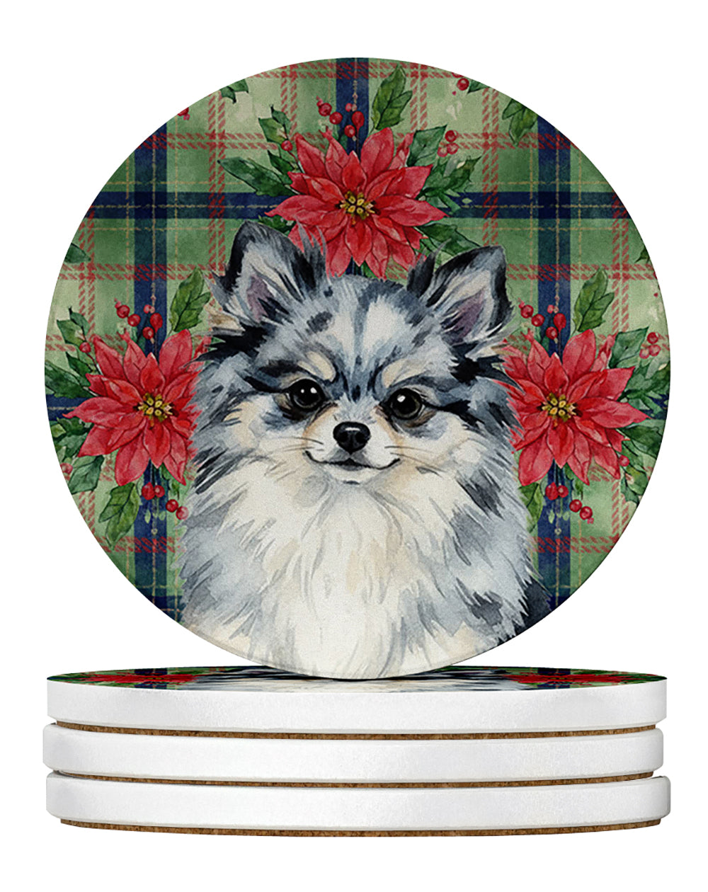 Blue Merle Pomeranian Christmas PoinsettIas Large Sandstone Coasters Pack of 4 Absorbent Round Coasters Decor Gifts for Men or Women, 4 in, Multicolor