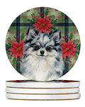 Blue Merle Pomeranian Christmas PoinsettIas Large Sandstone Coasters Pack of 4 Absorbent Round Coasters Decor Gifts for Men or Women, 4 in, Multicolor