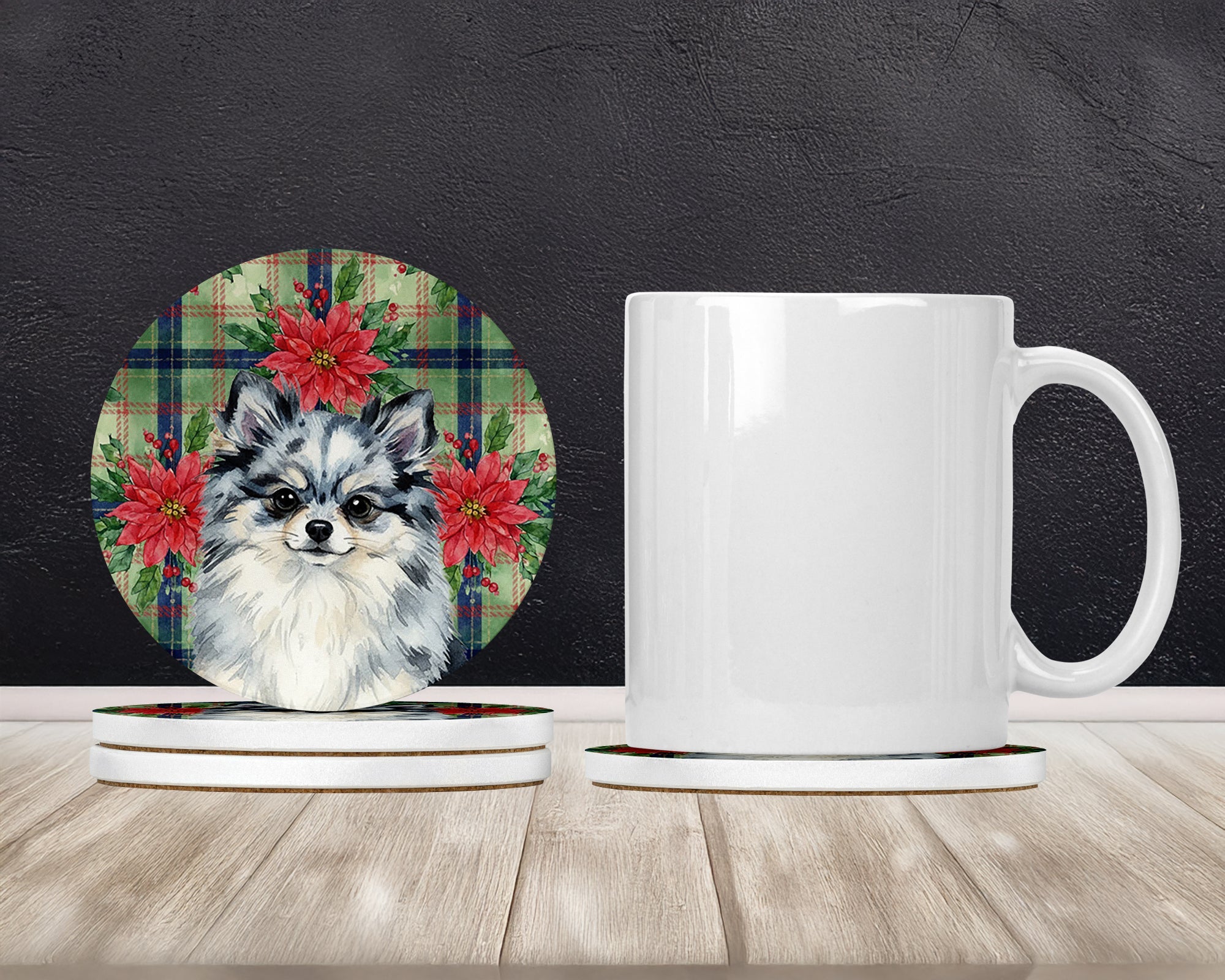Blue Merle Pomeranian Christmas PoinsettIas Large Sandstone Coasters Pack of 4 Absorbent Round Coasters Decor Gifts for Men or Women, 4 in, Multicolor