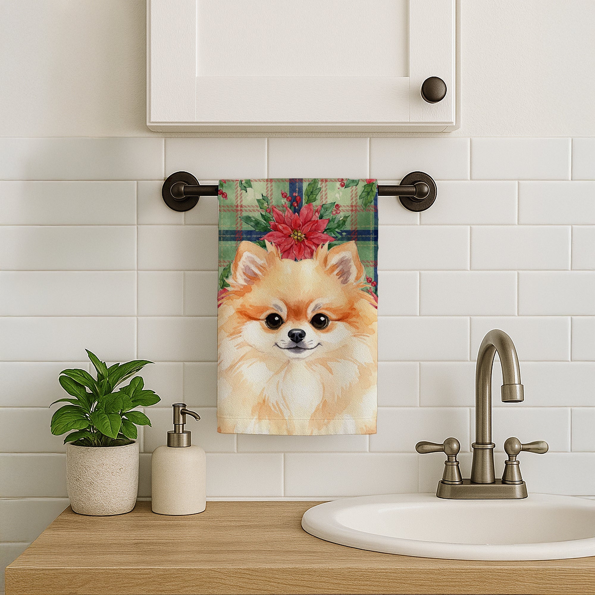 Pomeranian Christmas PoinsettIas Kitchen Towel Velour Plush Front and Cotton Loop Back Machine Washable