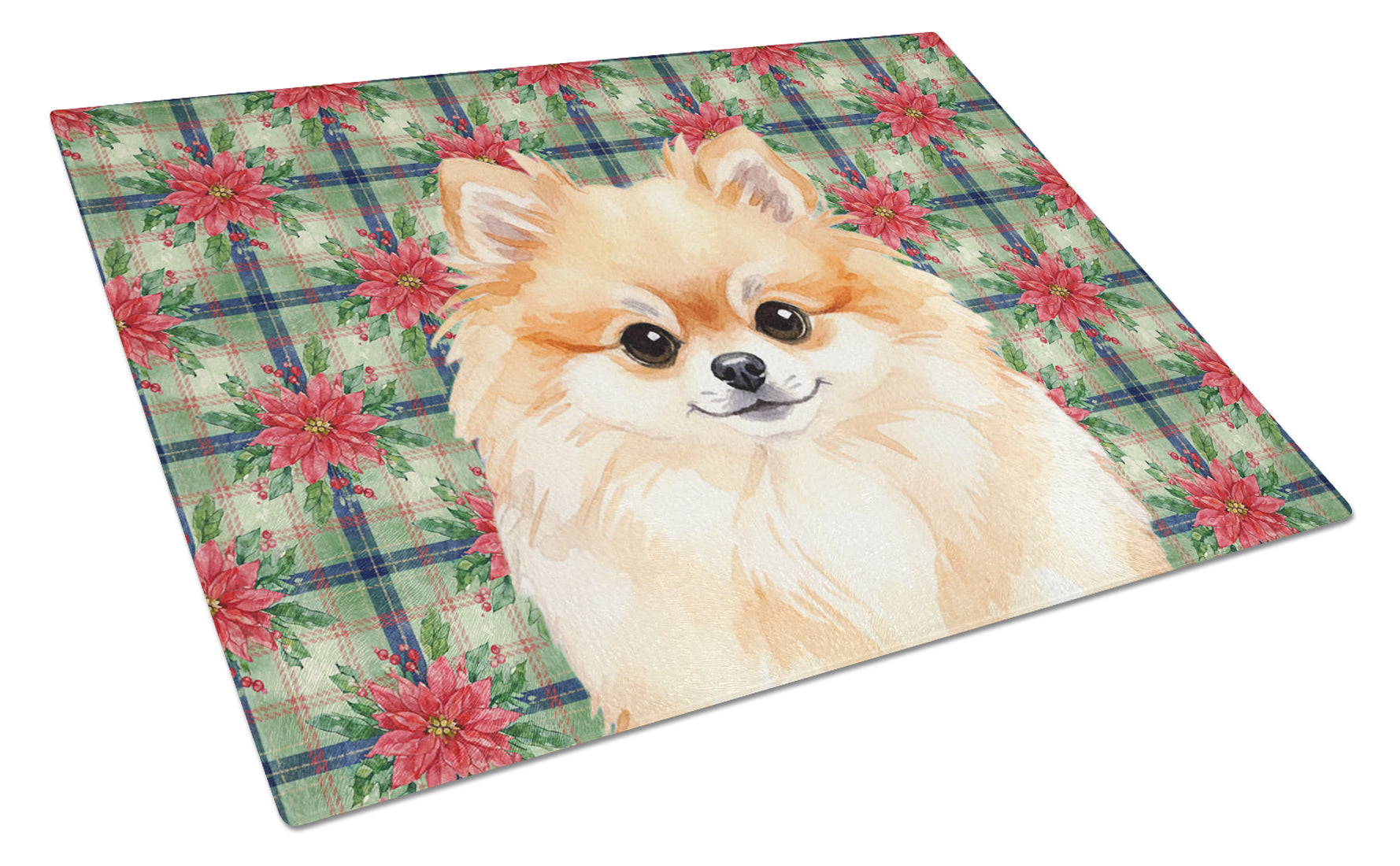 Pomeranian Christmas PoinsettIas Cutting Board Tempered Glass Kitchen Cutting Surface, Heat Resistant Chopping, Non-Slip Feet, Food Prep & Serving