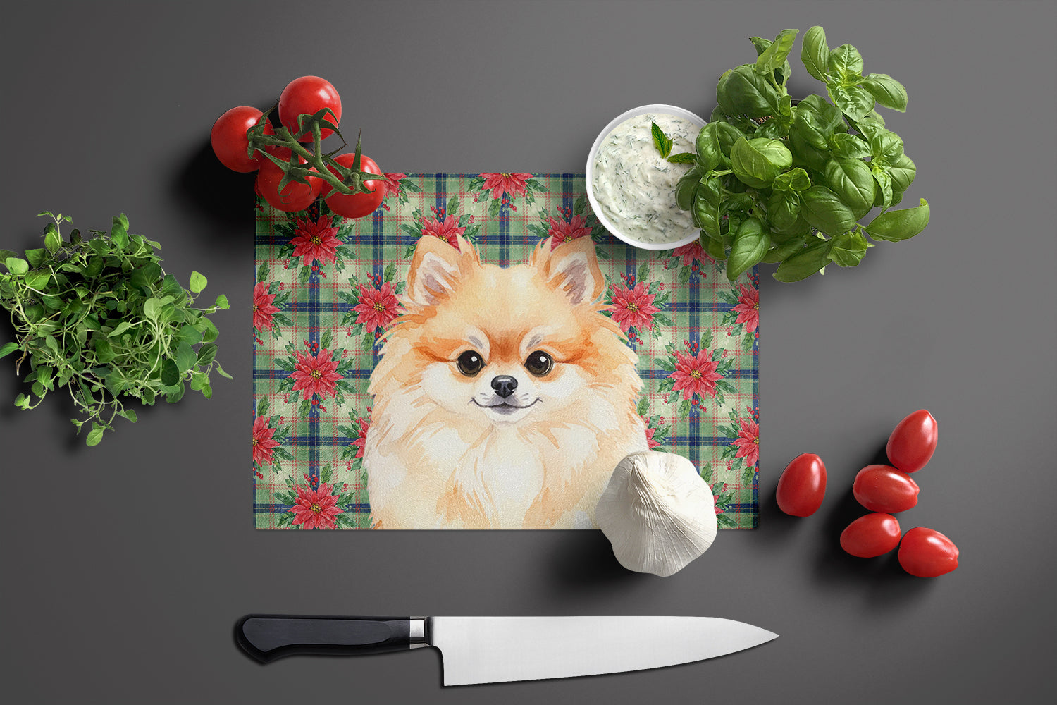 Pomeranian Christmas PoinsettIas Cutting Board Tempered Glass Kitchen Cutting Surface, Heat Resistant Chopping, Non-Slip Feet, Food Prep & Serving