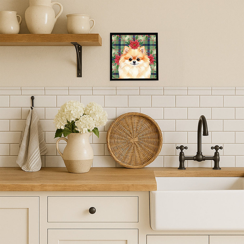 Pomeranian Christmas PoinsettIas Framed Metal Print Bathroom, Kitchen, Office, Home Decor Wall Art Ready to Hang, Square, 8X8