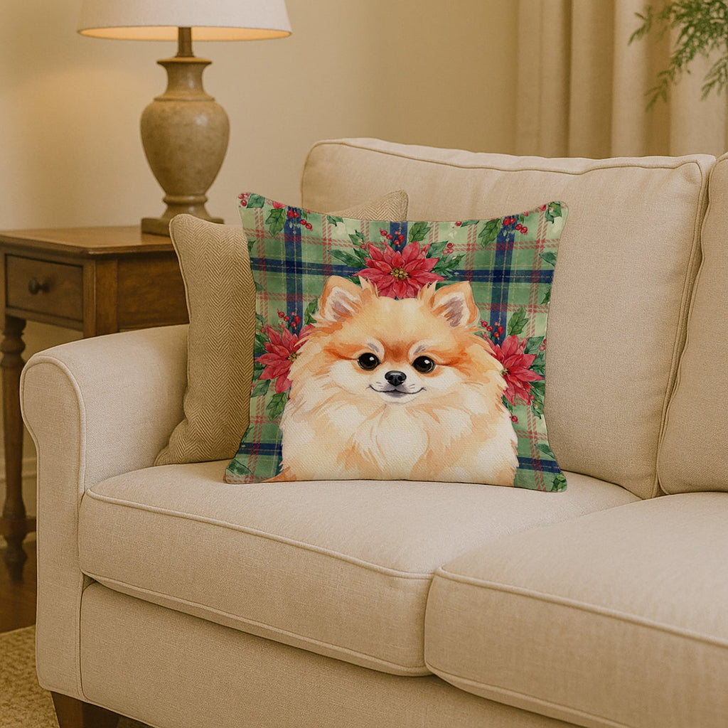 Pomeranian Christmas PoinsettIas Decorative Throw Pillow 14x14 Indoor Outdoor Accent Cushion, Fabric Cover with Insert for Sofa, Bed, Porch & Living Room