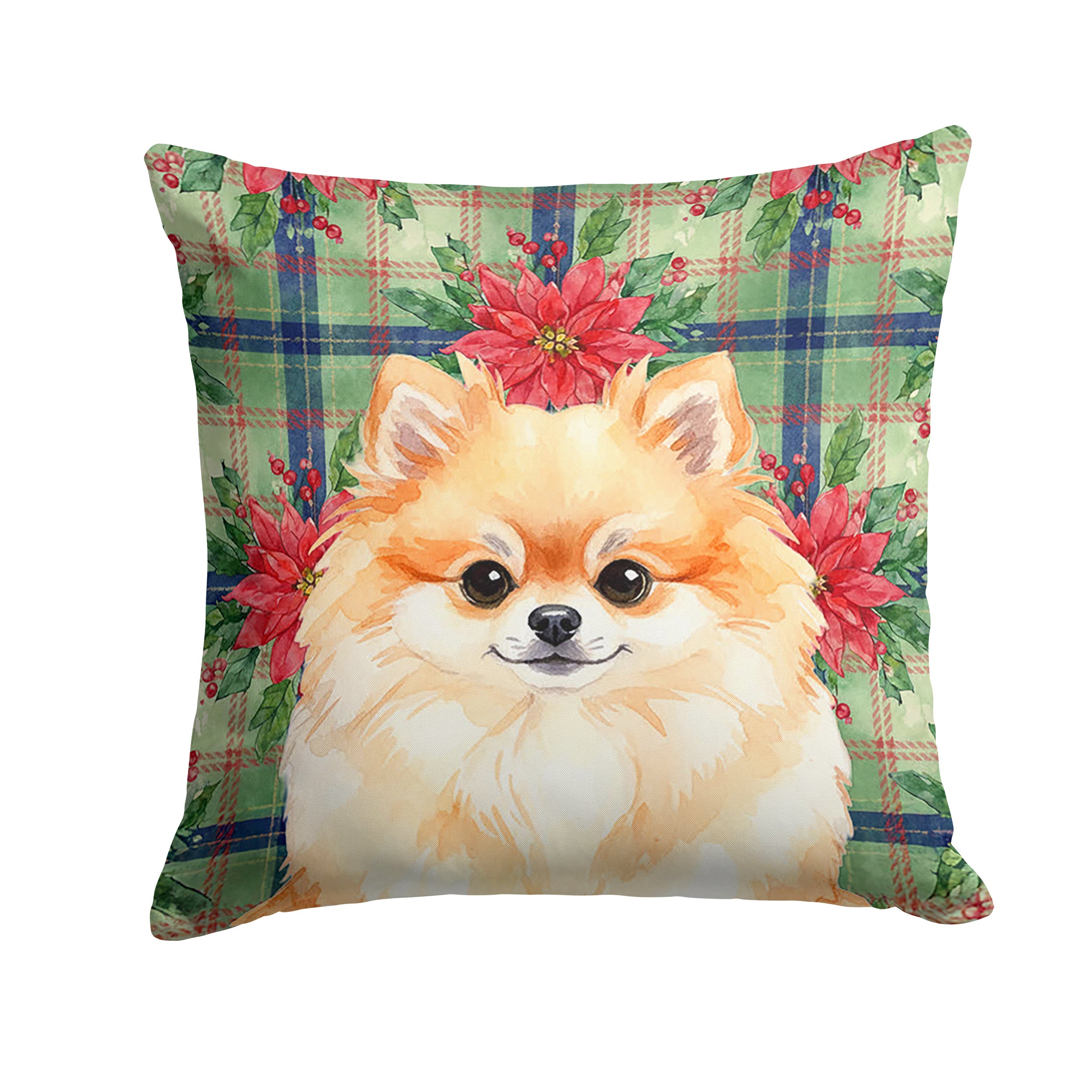 Pomeranian Christmas PoinsettIas Decorative Throw Pillow 18x18 Indoor Outdoor Accent Cushion, Fabric Cover with Insert for Sofa, Bed, Porch & Living Room