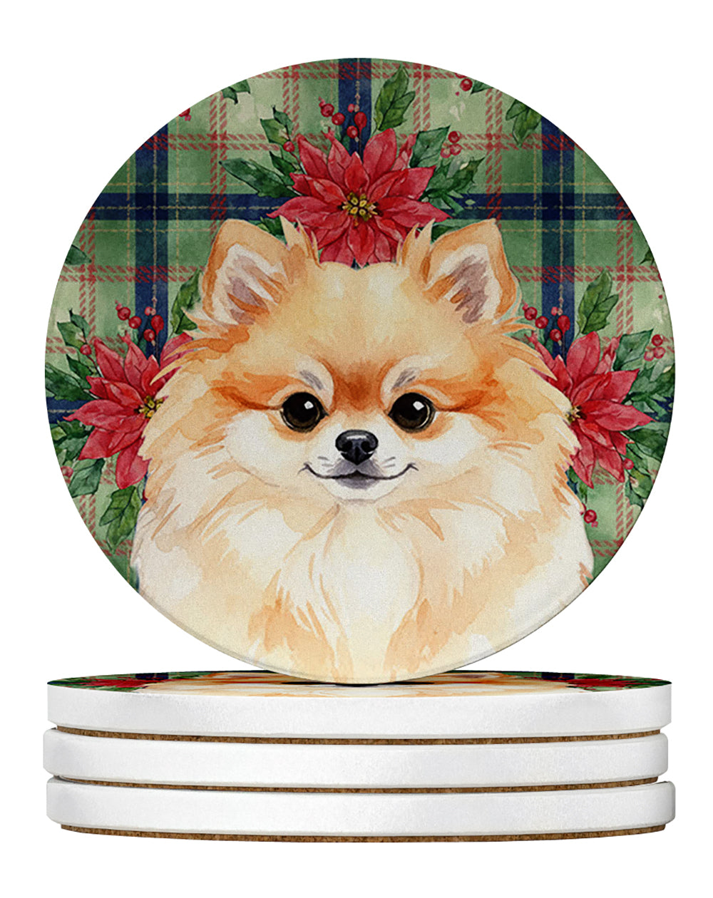 Pomeranian Christmas PoinsettIas Large Sandstone Coasters Pack of 4 Absorbent Round Coasters Decor Gifts for Men or Women, 4 in, Multicolor