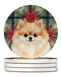 Pomeranian Christmas PoinsettIas Large Sandstone Coasters Pack of 4 Absorbent Round Coasters Decor Gifts for Men or Women, 4 in, Multicolor