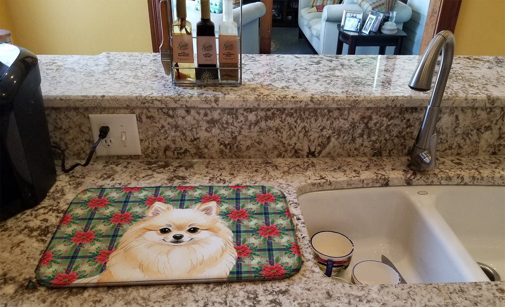 Cream Pomeranian Christmas PoinsettIas Dish Drying Mat Absorbent Dish Drying Mat Pad for Kitchen Counter Dish Drainer Mat for Countertop, 14 x 21", Multicolor
