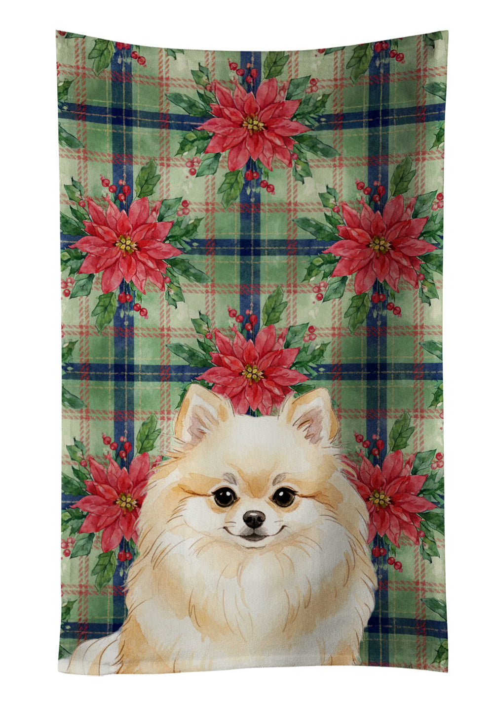 Cream Pomeranian Christmas PoinsettIas Kitchen Towel Velour Plush Front and Cotton Loop Back Machine Washable