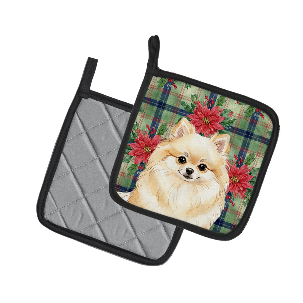 Cream Pomeranian Christmas PoinsettIas Pot Holder Set of 2 Heat Resistant Quilted Hot Pads 7.5 x 7.5 Inch, Insulated Kitchen Trivets for Cooking & Baking