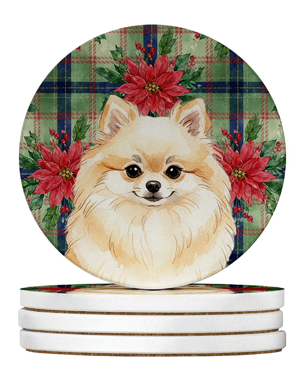 Cream Pomeranian Christmas PoinsettIas Large Sandstone Coasters Pack of 4 Absorbent Round Coasters Decor Gifts for Men or Women, 4 in, Multicolor
