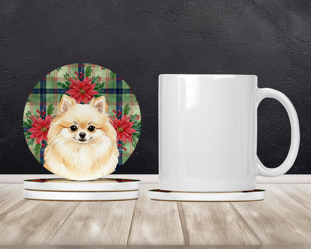 Cream Pomeranian Christmas PoinsettIas Large Sandstone Coasters Pack of 4 Absorbent Round Coasters Decor Gifts for Men or Women, 4 in, Multicolor