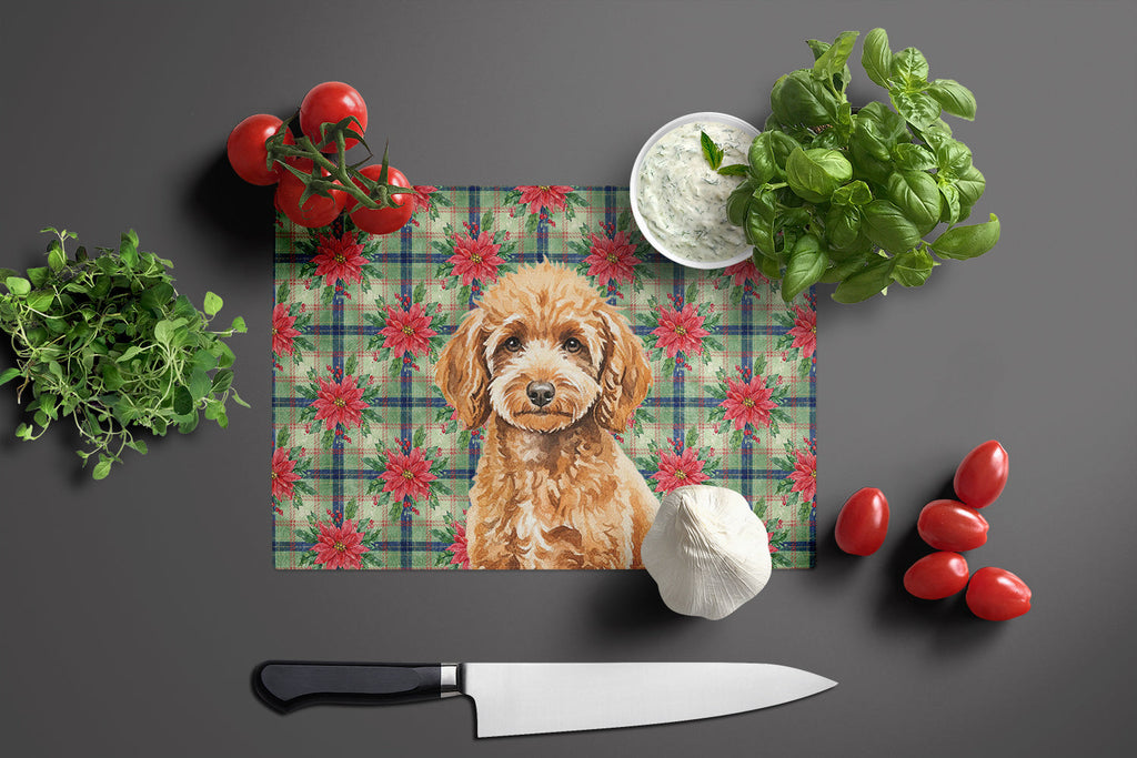 Miniature Apricot Poodle Christmas PoinsettIas Cutting Board Tempered Glass Kitchen Cutting Surface, Heat Resistant Chopping, Non-Slip Feet, Food Prep & Serving