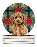 Miniature Apricot Poodle Christmas PoinsettIas Large Sandstone Coasters Pack of 4 Absorbent Round Coasters Decor Gifts for Men or Women, 4 in, Multicolor