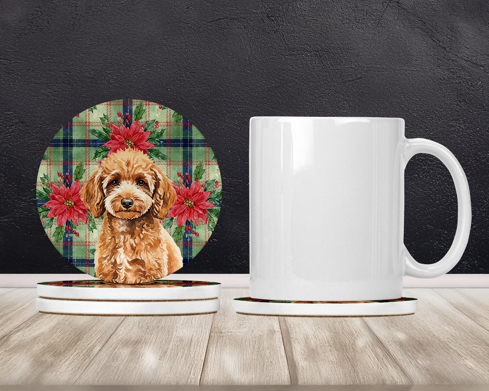 Miniature Apricot Poodle Christmas PoinsettIas Large Sandstone Coasters Pack of 4 Absorbent Round Coasters Decor Gifts for Men or Women, 4 in, Multicolor