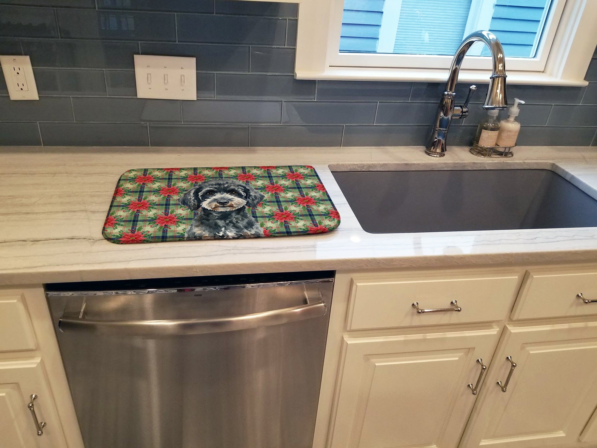 Miniature Black Poodle Christmas PoinsettIas Dish Drying Mat Absorbent Dish Drying Mat Pad for Kitchen Counter Dish Drainer Mat for Countertop, 14 x 21", Multicolor