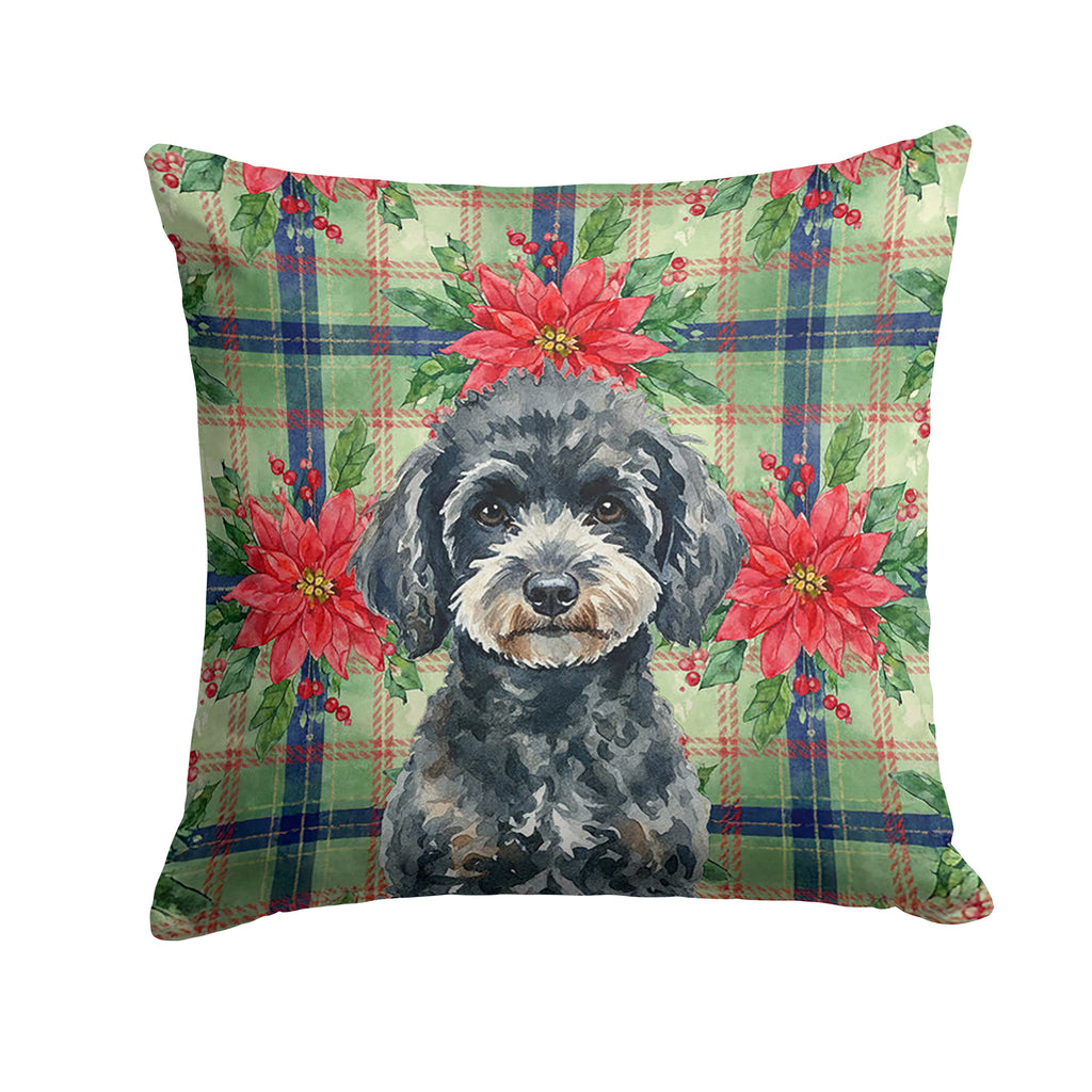 Miniature Black Poodle Christmas PoinsettIas Decorative Throw Pillow 18x18 Indoor Outdoor Accent Cushion, Fabric Cover with Insert for Sofa, Bed, Porch & Living Room