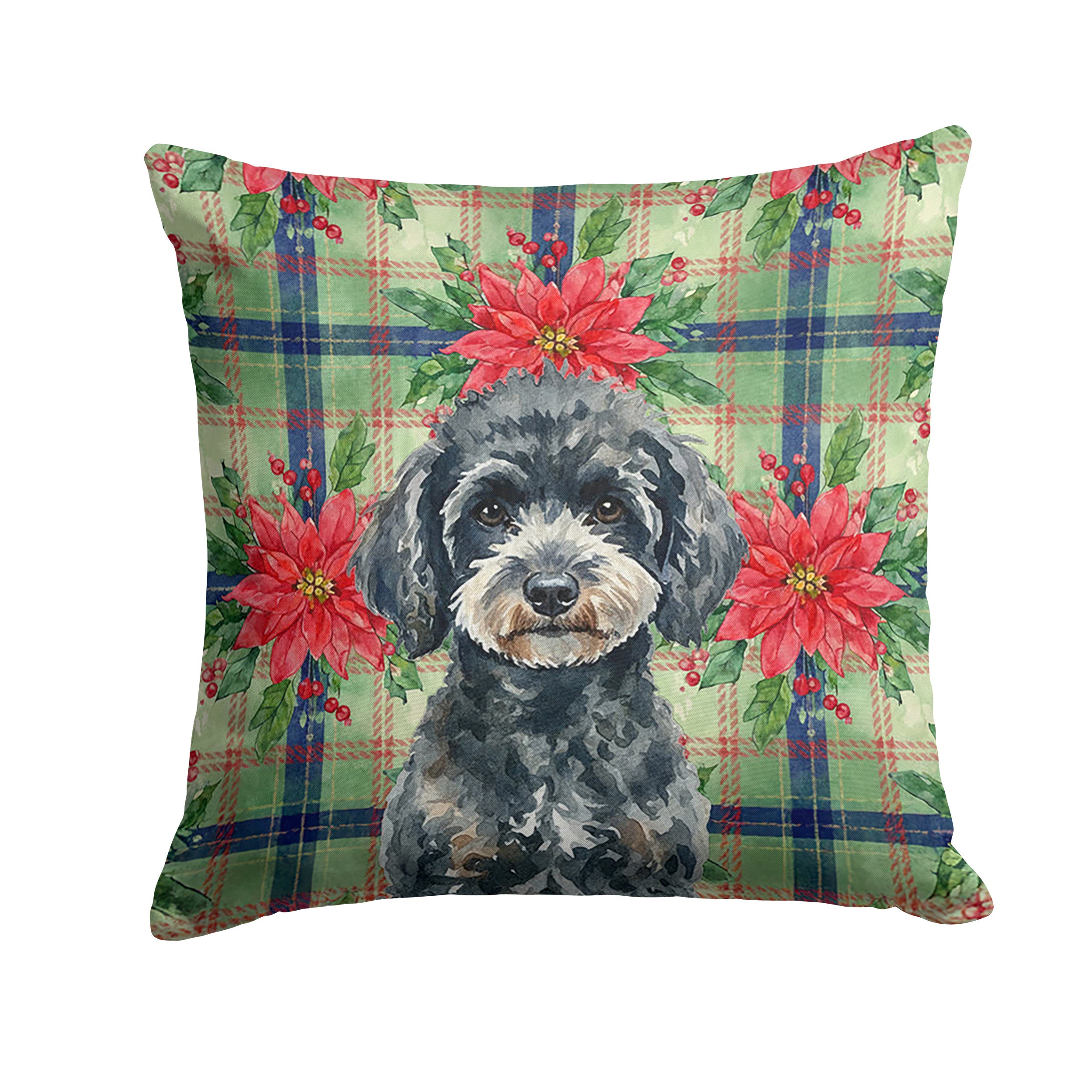Miniature Black Poodle Christmas PoinsettIas Decorative Throw Pillow 18x18 Indoor Outdoor Accent Cushion, Fabric Cover with Insert for Sofa, Bed, Porch & Living Room