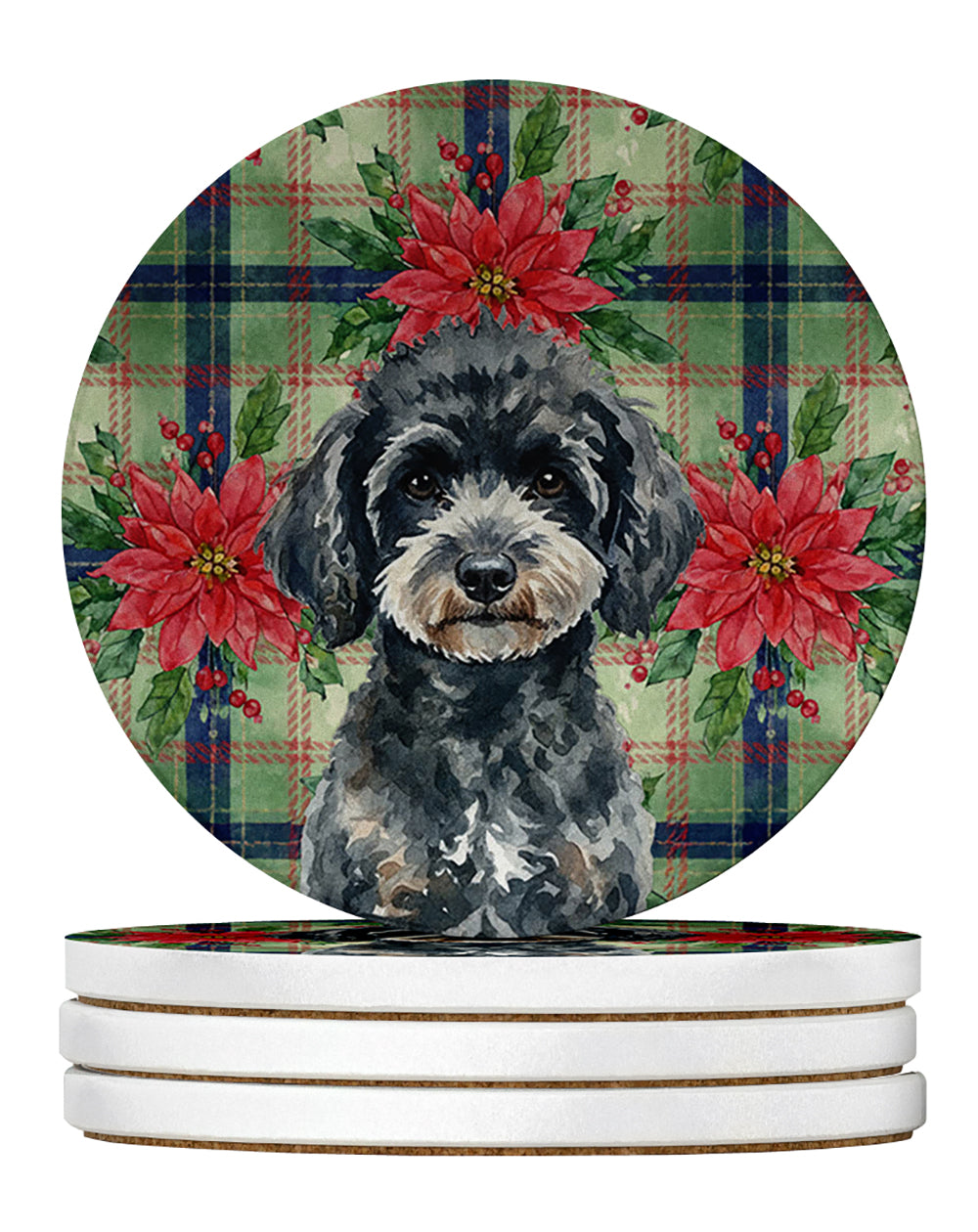 Miniature Black Poodle Christmas PoinsettIas Large Sandstone Coasters Pack of 4 Absorbent Round Coasters Decor Gifts for Men or Women, 4 in, Multicolor