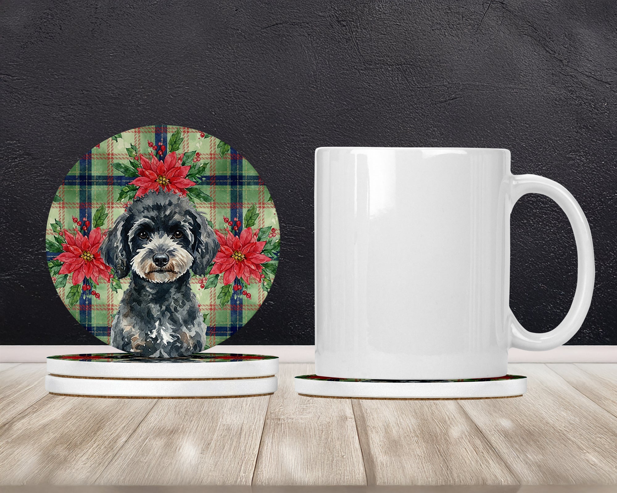 Miniature Black Poodle Christmas PoinsettIas Large Sandstone Coasters Pack of 4 Absorbent Round Coasters Decor Gifts for Men or Women, 4 in, Multicolor