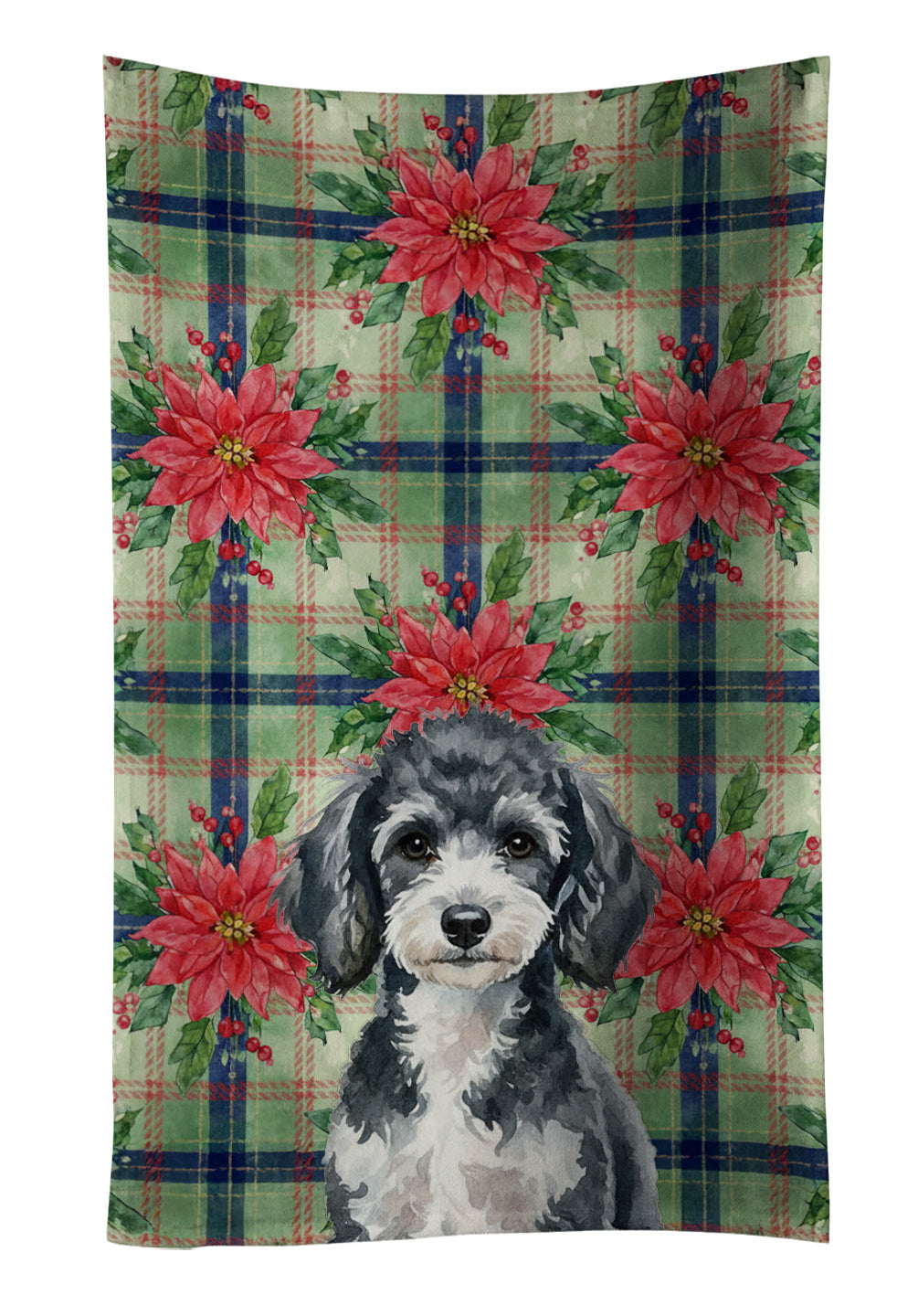 Miniature Parti Poodle Christmas PoinsettIas Kitchen Towel Velour Plush Front and Cotton Loop Back Machine Washable