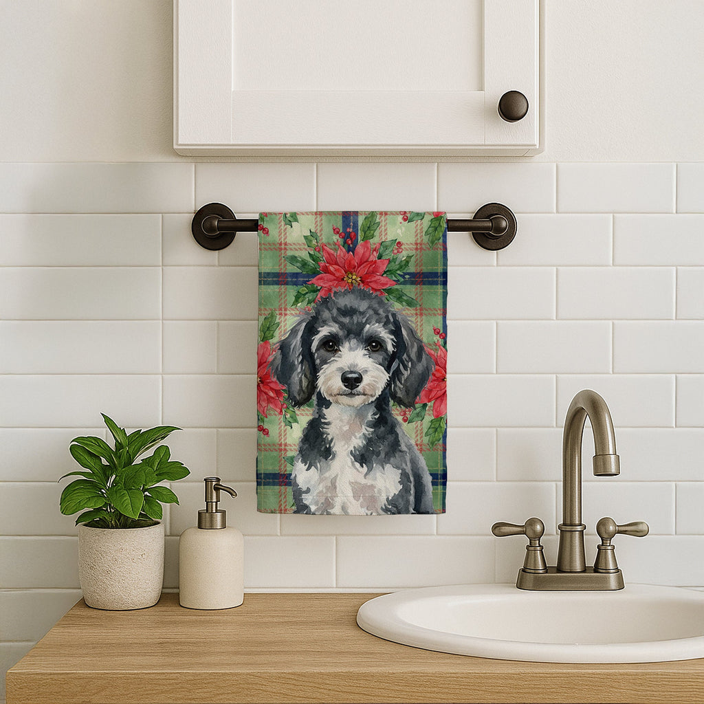 Miniature Parti Poodle Christmas PoinsettIas Kitchen Towel Velour Plush Front and Cotton Loop Back Machine Washable