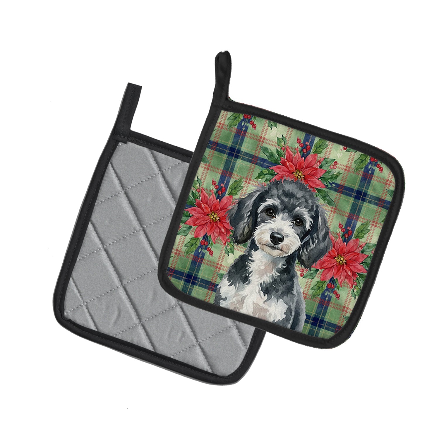 Miniature Parti Poodle Christmas PoinsettIas Pot Holder Set of 2 Heat Resistant Quilted Hot Pads 7.5 x 7.5 Inch, Insulated Kitchen Trivets for Cooking & Baking