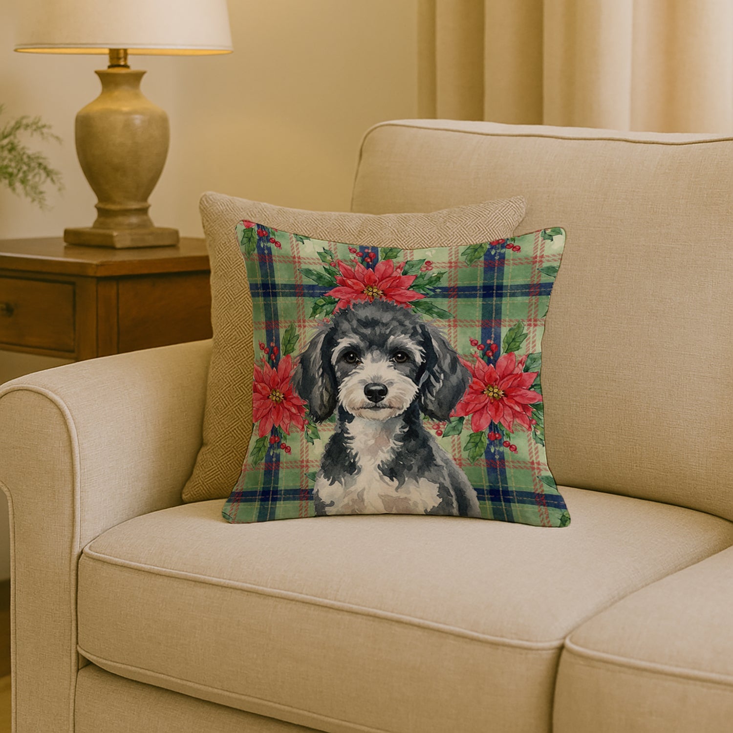 Miniature Parti Poodle Christmas PoinsettIas Decorative Throw Pillow 18x18 Indoor Outdoor Accent Cushion, Fabric Cover with Insert for Sofa, Bed, Porch & Living Room